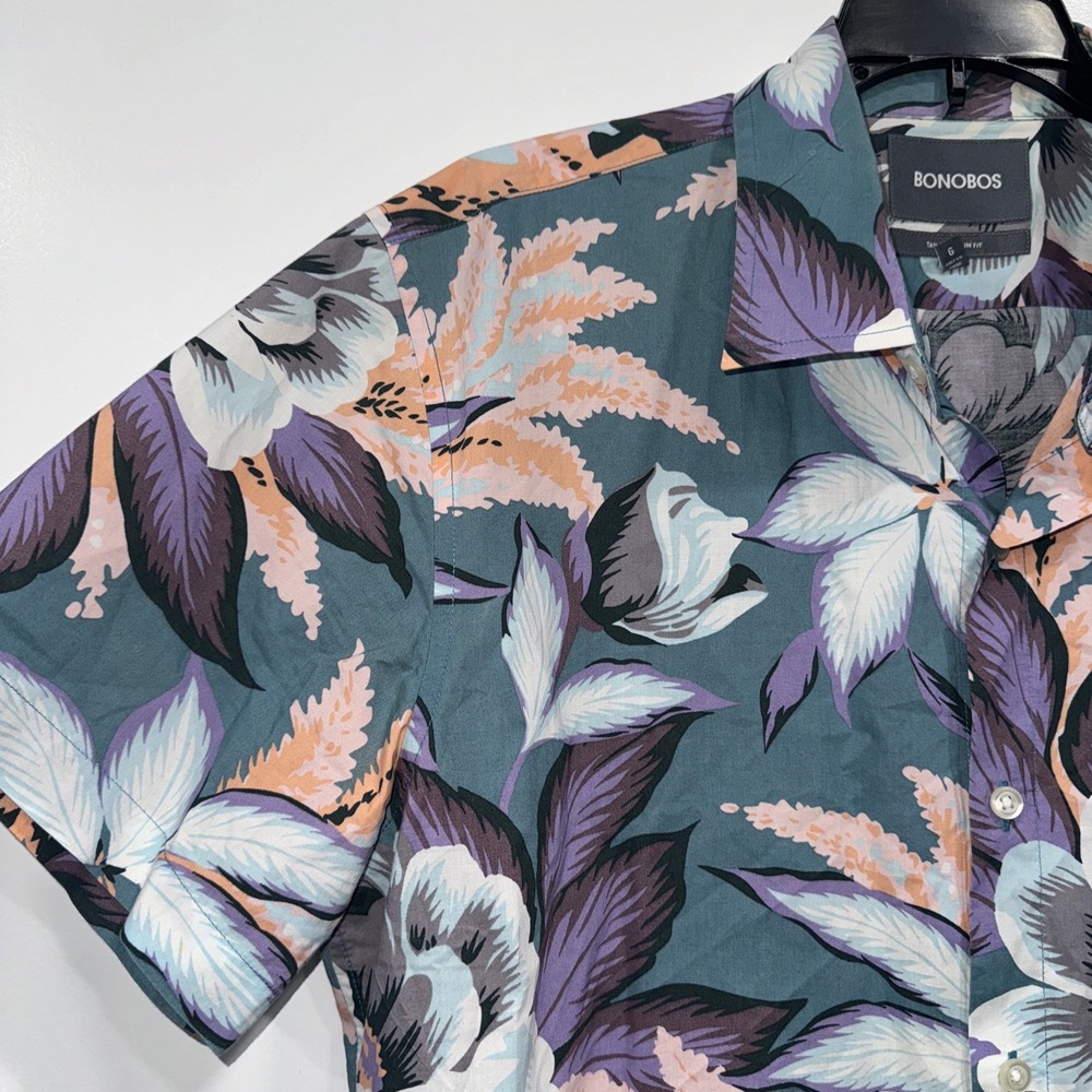 BONOBOS Shirt Mens L Blue Purple Ditsy Floral Button Down SS Standard Fit Preppy